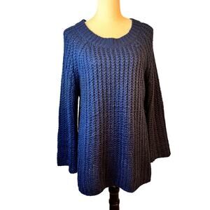 Oddy Chunky Cable Knit Sweater Plaid Back Royal Blue 1XL Scoopneck Cozy Cabin